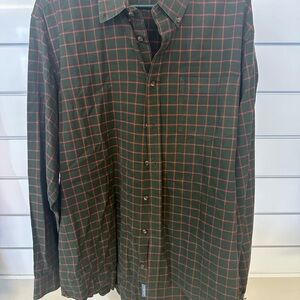 Eddie Bauer Men's Forest Green and Brick Plaid Shirt
